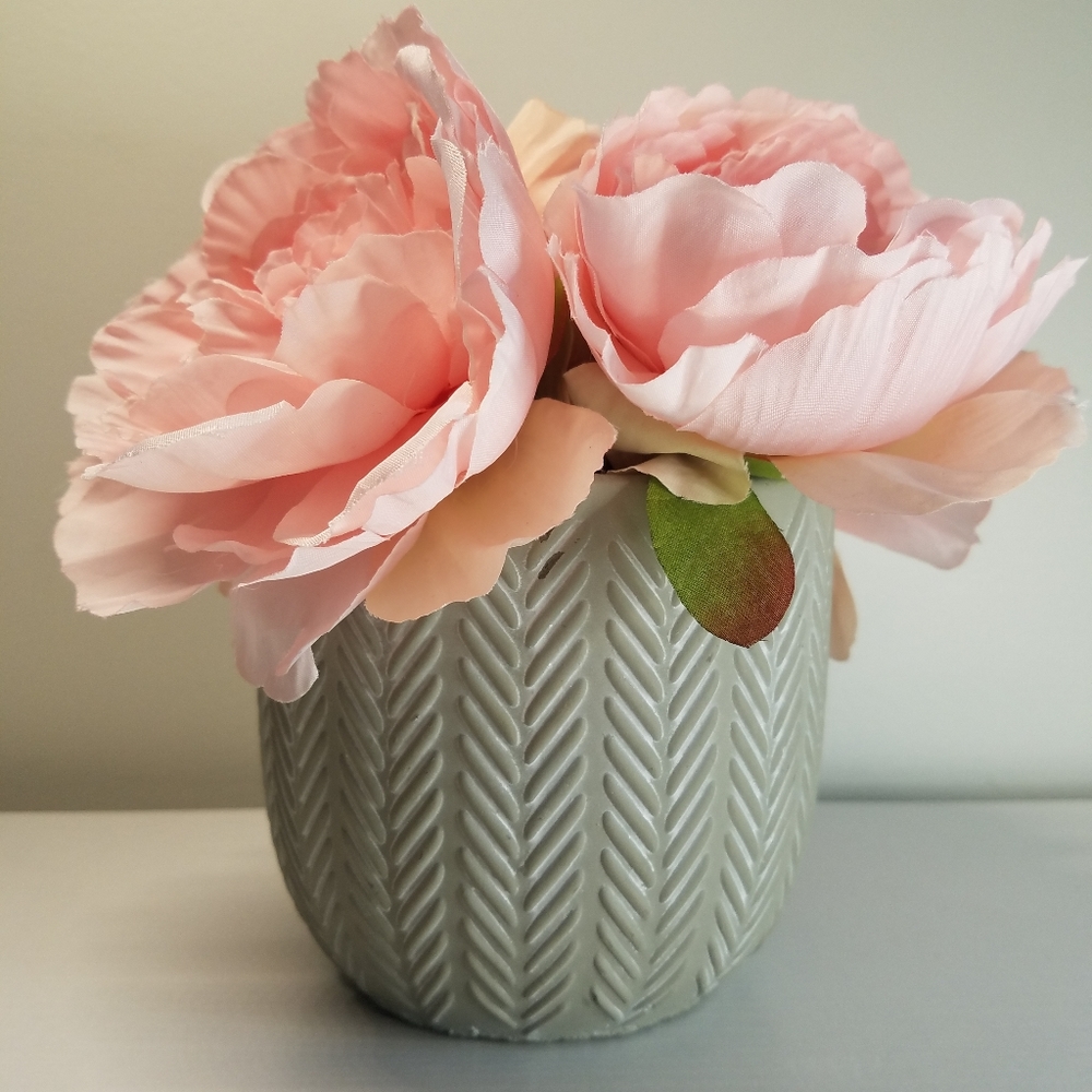FAUX PEONIES IN GREY FLOWER POT